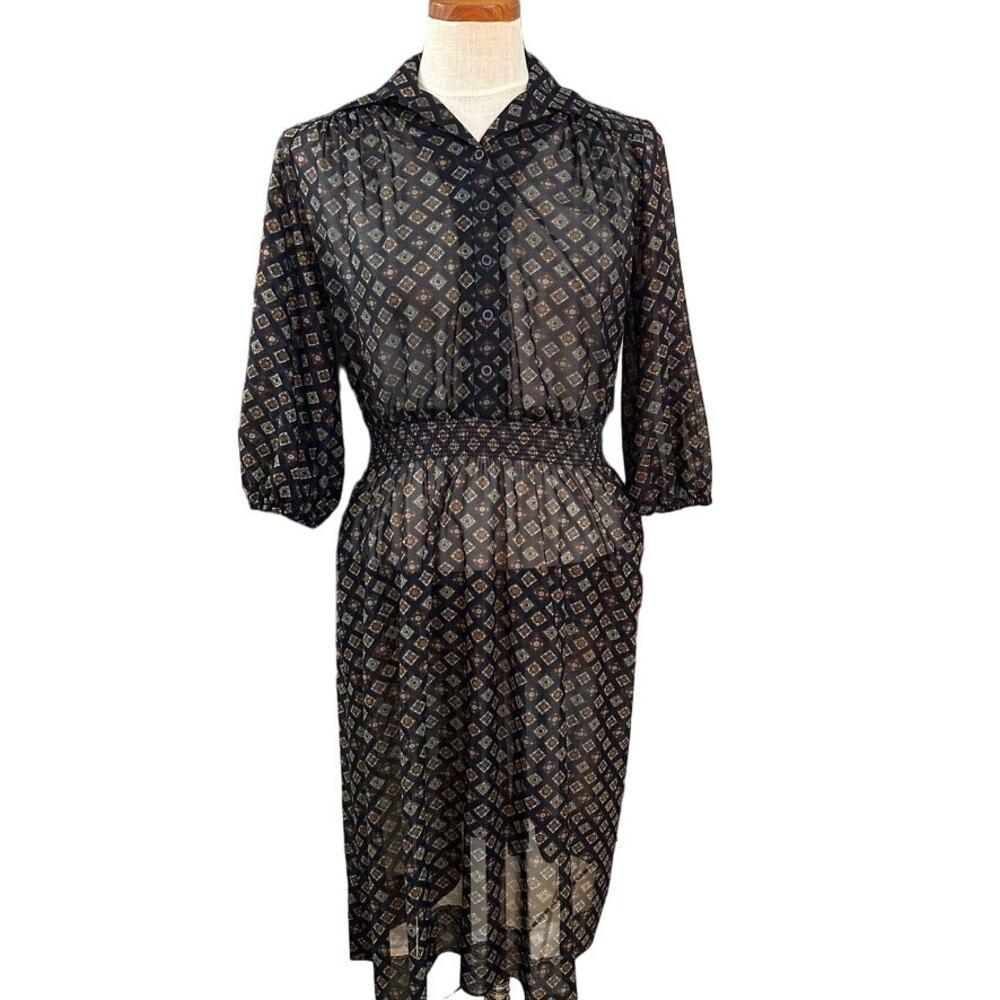 Vintage 70s Strait Lane Secretary Midi Dress S Black Print Retro Office Siren
